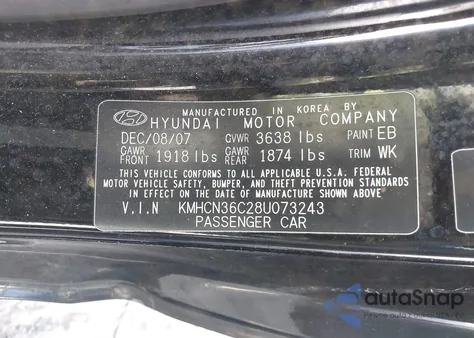2008 Hyundai Accent Se z USA, uszkodzony, nr VIN KMHCN36C28U073243